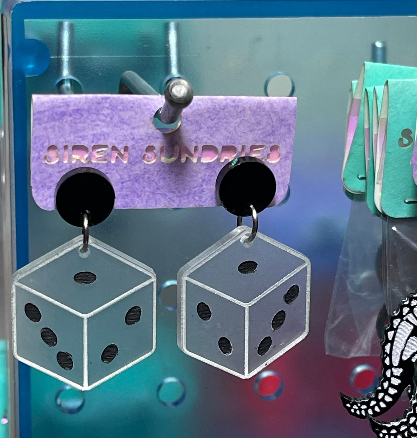 FROSTED D6 KEYCHAIN, DANGLE EARRINGS