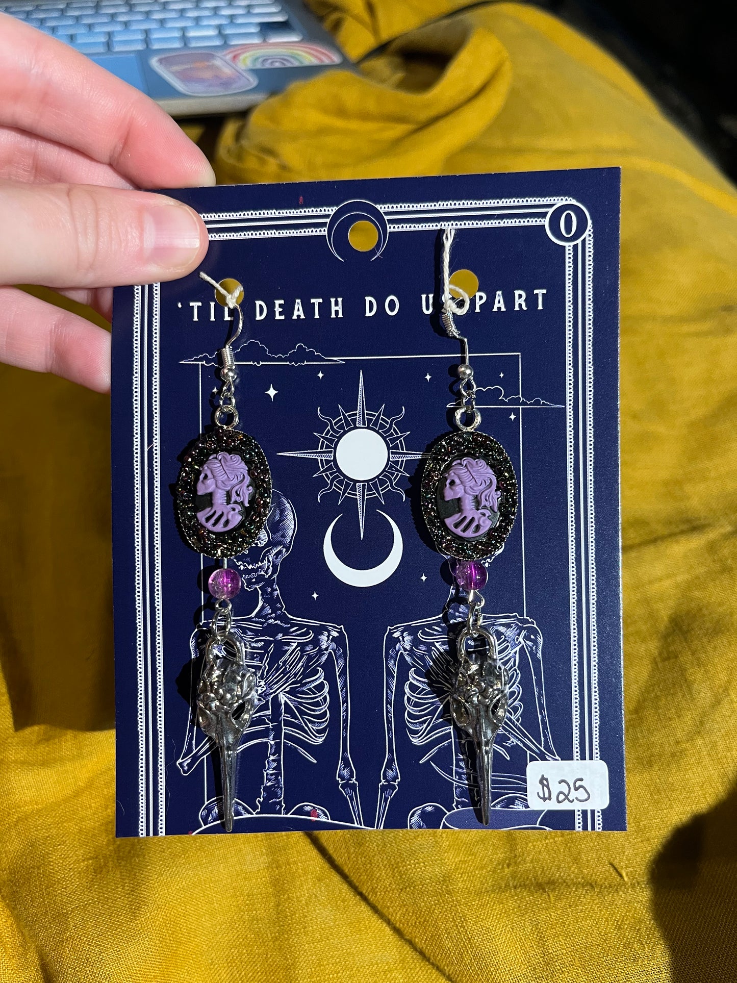 Cameo with Silver Bird Skulls Earrings