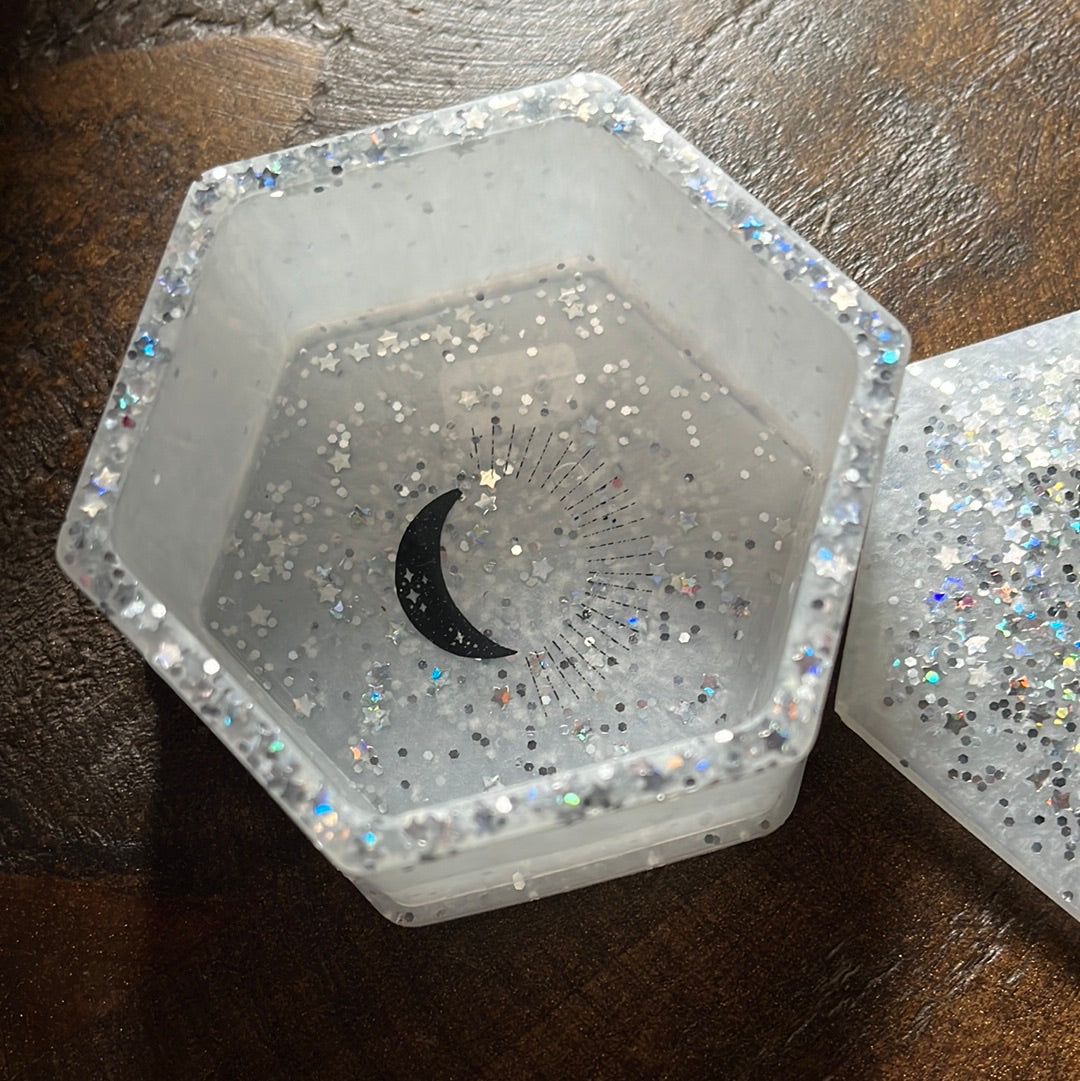 White Glitter Hexagon Resin Storage Box