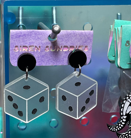 FROSTED D6 KEYCHAIN, DANGLE EARRINGS