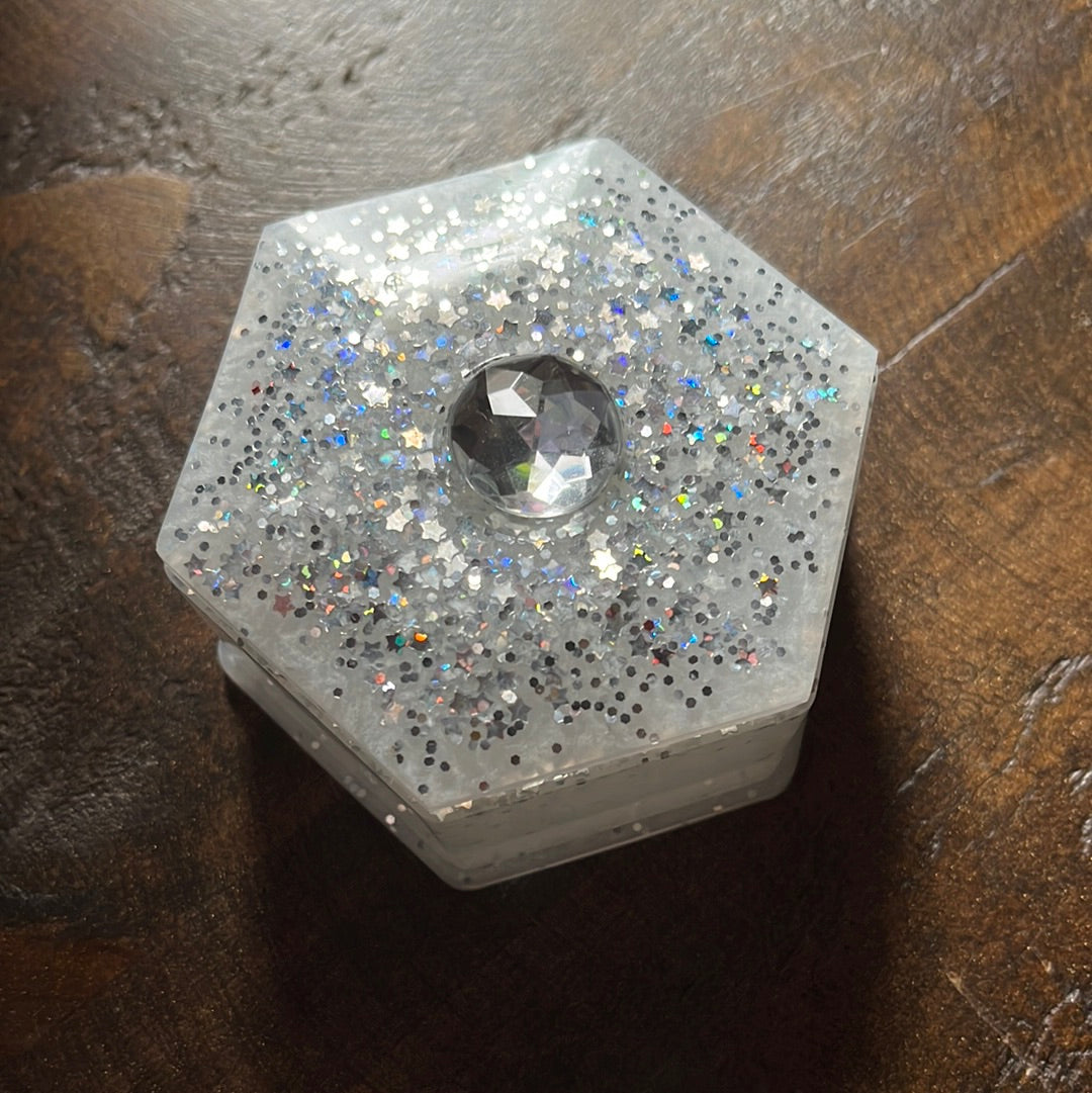 White Glitter Hexagon Resin Storage Box