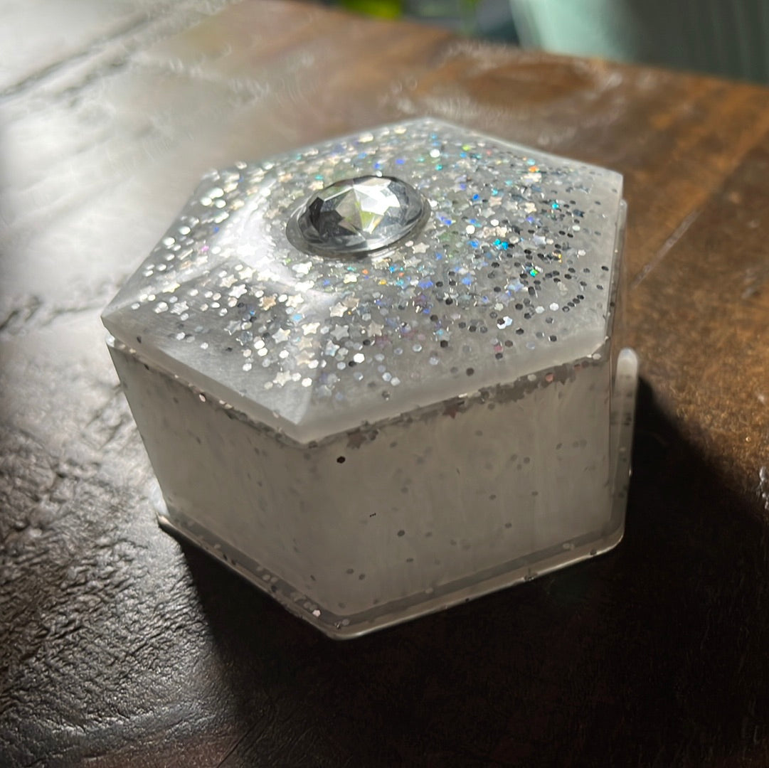 White Glitter Hexagon Resin Storage Box